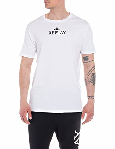 Replay T-shirt męski z krótkim rękawem z nadrukiem logo, 001 White, XL