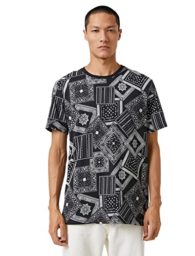 Koton Męski t-shirt z krótkim rękawem z okrągłym dekoltem, Black Design (03u), XXL