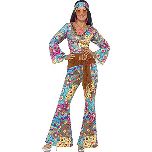 Smiffys , damski strój hipisowski flower power, top, spodnie, opaska na głowę i pasek, rozmiar S (36 - 38), 39493