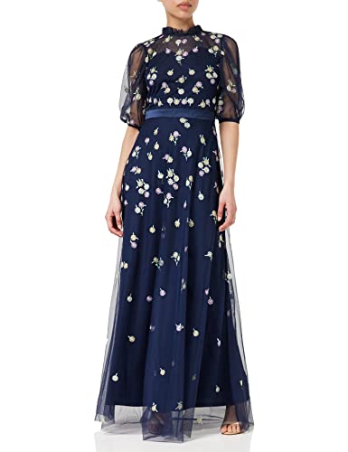 Frock and Frill Damska kwiecista haftowana sukienka na specjalne okazje, granatowa, 14, granatowy, 40