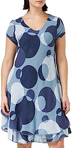 Bonateks, Sukienka z okrągłym kołnierzem i średniej długości z kropkami, podwójnymi falbankami i krótkimi rękawami, 100% len, rozmiar DE: 40 rozmiar US: L, niebieskie dżinsy - wyprodukowano we