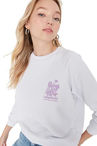 Trendyol Damska bluza z okrągłym dekoltem, jednokolorowa, regularna bluza, biały, S