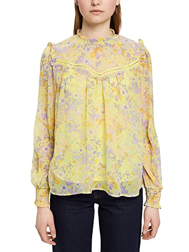 edc by Esprit Bluzka szyfonowa w kwiaty z falbankami, Light yellow, L