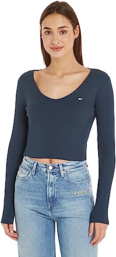 Tommy Jeans Damskie topy z dzianiny Tjw BBY CRP Essential Rib V Ls L/S, Ciemna granatowa, L