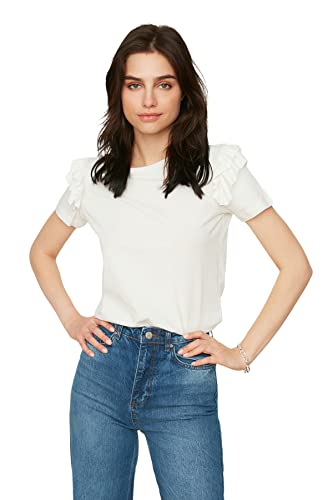 Trendyol Damska koszulka z dzianiny z okrągłym dekoltem, Ecru, M