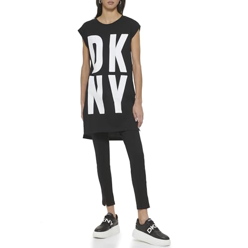DKNY SPORTSWEAR Damska czapka Missy Sleeve Logo T-Shirt, Czarny/Biały, S, Czarny/Biały, S