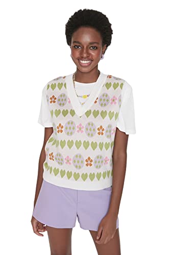 TRENDYOL Damska kamizelka z dekoltem w serek, jednokolorowa, podkreślająca figurę, dzianinowa, ecru, S, écru, S