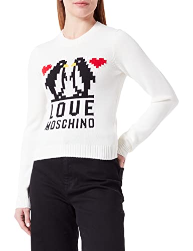 Love Moschino Damski sweter Slim Fit Long Sleeved with Love Penguins żakardowy Intarsia Pullover Sweater, biały, 46