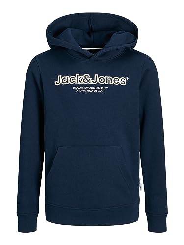 JACK&JONES JUNIOR Chłopięca bluza z kapturem Jorlakewood Sweat Hood Bf Jnr, Navy Blazer/Szczegóły: jj Print, 140