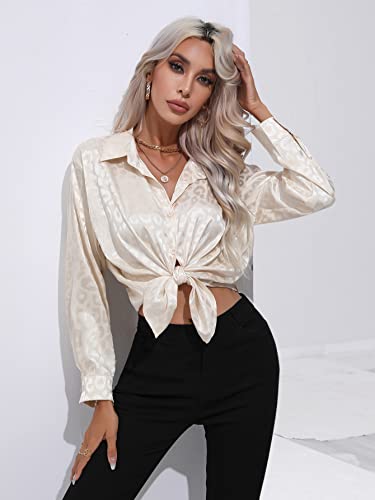 Clotth Damska koszula satynowa w leopard, koszula z długim rękawem z satynowego jedwabiu Button Down Shirt, Szampański-M, M