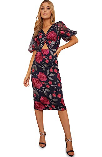 Chi Chi London Damska sukienka z dekoltem w serek, haftowana, obcisła sukienka w stylu koktajlowym, multi, 36