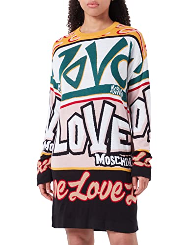 Love Moschino Damska sukienka Comfort Fit z długim rękawem i graffiti, żakardowa sukienka intarsia, czarny, biały, żółty, zielony, czarny, 38