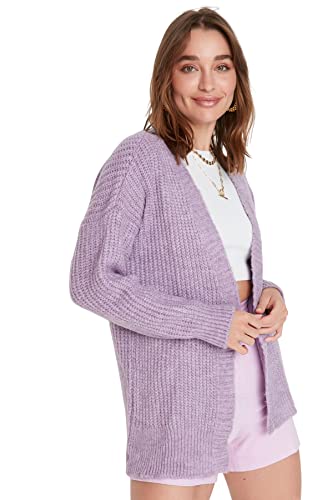 Trendyol Damski zwykły standardowy standardowy kardigan z klapą kołnierz dzianinowy, Fioletowy, M