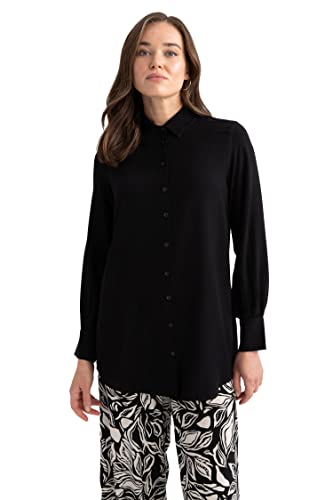 DeFacto Damska bluzka z długim rękawem, koszula z guzikami, do noszenia na co dzień, czarny, M