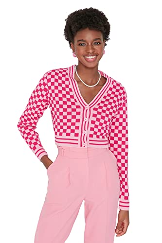 Trendyol Damski wąski standardowy kardigan z dzianiny z dekoltem w serek, różowy, M