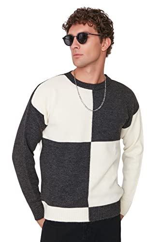 Trendyol Męska bluza z okrągłym dekoltem Colorblock Regular sweter, Ecru, S, Ecru, S