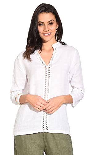 Bonateks damska top 100% lniana tunika Made in Italy, tunezyjska tunika z koronkowym karczkiem i rękawami 3/4, biała, rozmiar: XL, biały, XL