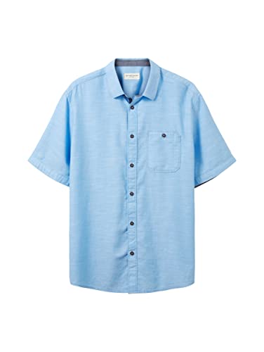 TOM TAILOR Męska koszula z krótkim rękawem z kieszenią na piersi, 31770 - Blue Herringbone Structure, XXL