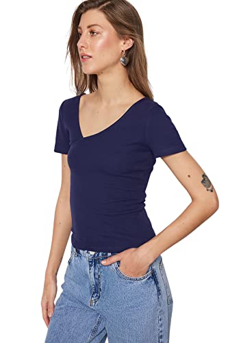 Trendyol Damska dopasowana bluzka z dzianiny Basic Scoop Neck, granatowy, M