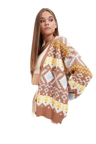 Trendyol Damski standardowy standardowy kardigan z dzianiny z dekoltem w serek, Wielbłądzi, M