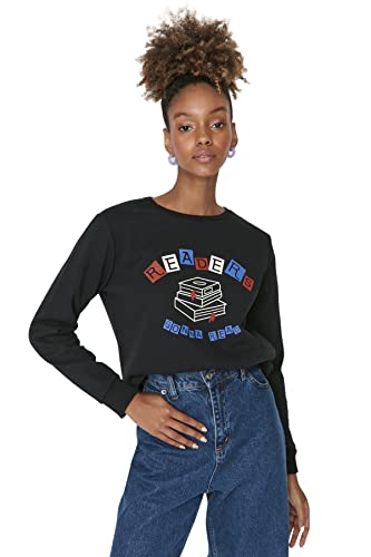 TRENDYOL Damska bluza Crew Neck with Slogan Regular, czarny, L