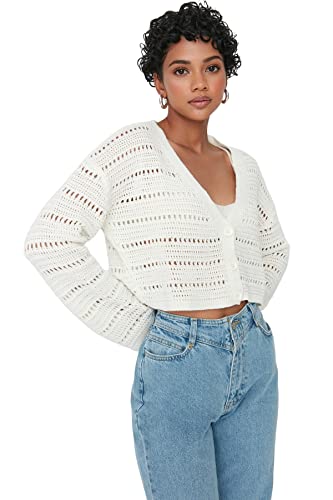 Trendyol Damski standardowy standardowy kardigan z dzianiny z dekoltem w serek, Ecru, S