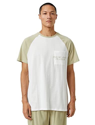 Koton Koszulka męska z wyszywanym napisem Raglan Sleeve Crew Pocket Detailed, Ecru (021), XL