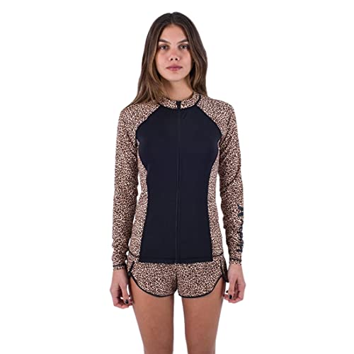 Hurley Leopard Zip Front Rashguard Damska koszula ochronna z wysypką, Brązowy cukier, L