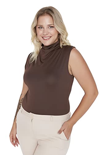 Trendyol Damska koszula slim bodycon wysoki dekolt dzianina plus size body koszula, Brązowy, XXL