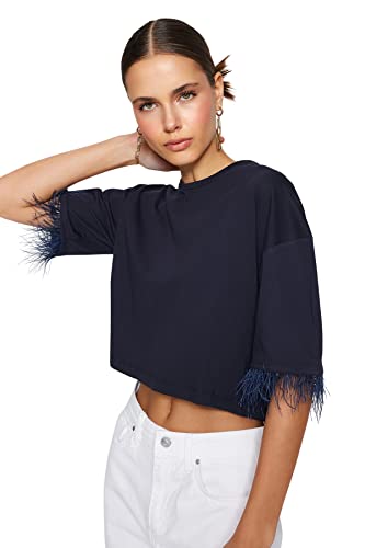 Trendyol Damska koszulka z dzianiny z okrągłym dekoltem o luźnym kroju, granatowy, L