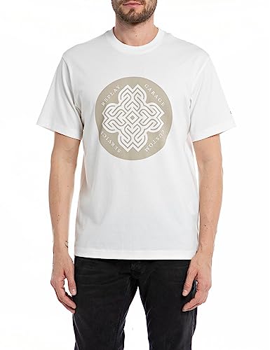 Replay Męski T-shirt z krótkim rękawem, okrągły dekolt z nadrukiem z tyłu, biały (Natural White 011), L, Natural White 011, L