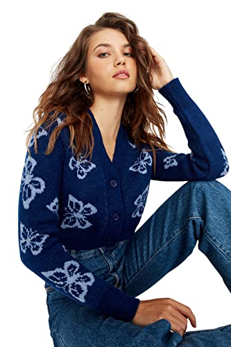 Trendyol Damski standardowy standardowy kardigan z dzianiny z dekoltem w serek, granatowy, L