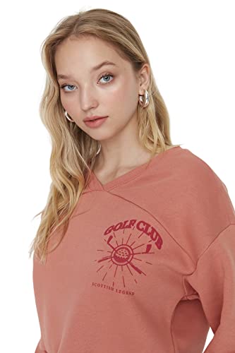 Trendyol Damska bluza z okrągłym dekoltem z dopasowanym hasłem, Dusty Rose, S, Pudrowy róż
