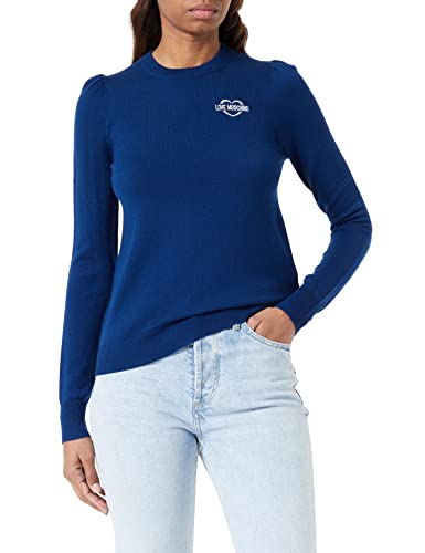 Love Moschino Damski sweter o regularnym kroju z okrągłym dekoltem, długie rękawy z mankietem i sercem, emblematem, niebieski, 42