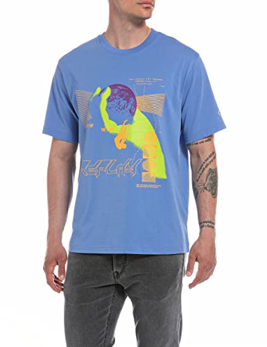 Replay T-shirt męski z krótkim rękawem z nadrukiem, 961 Sky Blue, L