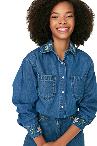 Trendyol Damska damska koszula dżinsowa z regularnym kołnierzem standardowym, granatowa, L, granatowy, L