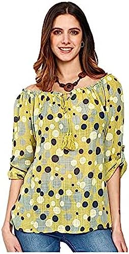 Bonateks, Polka Dot Top vor dem Polka Dot koronkowy kołnierz, 100% len, rozmiar DE:40, rozmiar US:L, topy, cytryna - wyprodukowano we Włoszech, żółty, 40