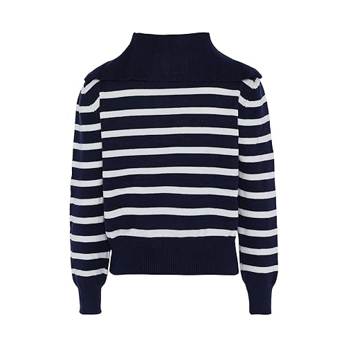 Bridgeport Damski sweter z dzianiny w paski z zamkiem błyskawicznym i granatowym dekoltem, granatowy, wełniany, białe paski, rozmiar XS/S, Ciemno-granatowe białe paski, XS