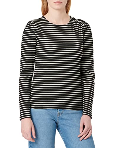 Vila Damska koszulka z długim rękawem Vibalu Puff L/S Rib Top-Noos, Czarne/paski: optical Snow, XXL