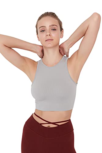 Trendyol Damski sportowy biustonosz sportowy, krótki wiązany na szyi, szary melanż, M/L, szary melanż, M-L