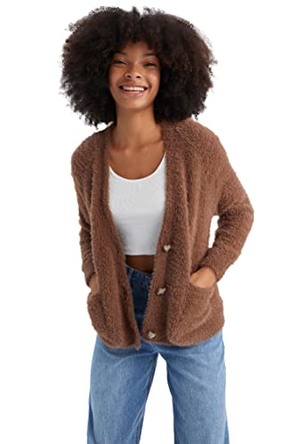 DeFacto Kardigan normalny krój damski kardigan na topy damski (brązowy, XL), brązowy, XL