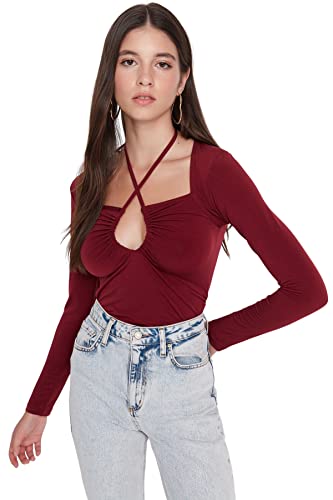 Trendyol Damska bluzka z dzianiny slim fit basic wiązana na szyi, bordowa, M, Burgund, M