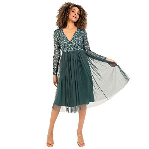 Maya Deluxe Elegancka damska sukienka koktajlowa, na wesele, z dekoltem w kształcie litery V, sukienka koktajlowa, na bal absolwentów, dla druhny, szmaragdowy (Emerald Green), 34