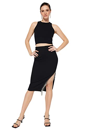 TRENDYOL Women's damska spódnica midi Bodycon z dzianiny Skirt, czarna, 42, Schwarz, 42