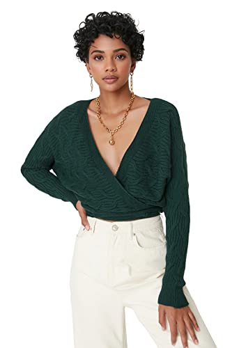 Trendyol Damski standardowy standardowy kardigan z dzianiny z dekoltem w serek, zieony (Szmaragdowa zieleń), S