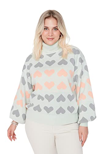 Trendyol Damska bluza z golfem w kształcie serca, regularny sweter plus size, Miętowy, XL