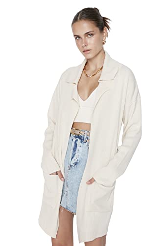 Trendyol Damski regularny kardigan z dzianiny z dekoltem polo, BEŻOWY, S