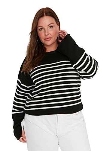 Trendyol Damska bluza z okrągłym dekoltem w paski, regularna, plus size, czarna, XXL, Czarny