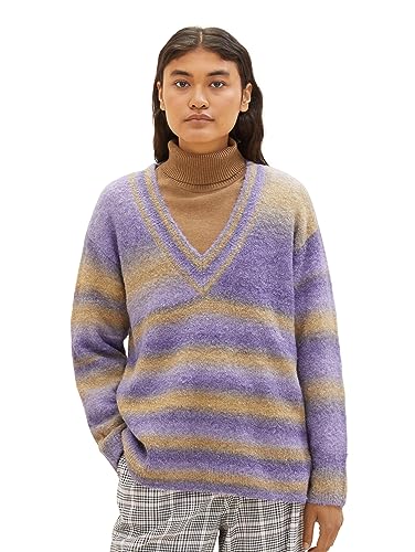 TOM TAILOR Denim Damski sweter z dzianiny w paski batikowe, 32636-liliowy, beżowy Colorflow, M