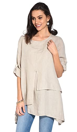 Sukienka damska 100% lniana Made in Italy, Krótka sukienka w paski z dekoltem łódką i pół rękawami z kokardką, szarobrązowa, Rozmiar: S, Szarobrązowy, S